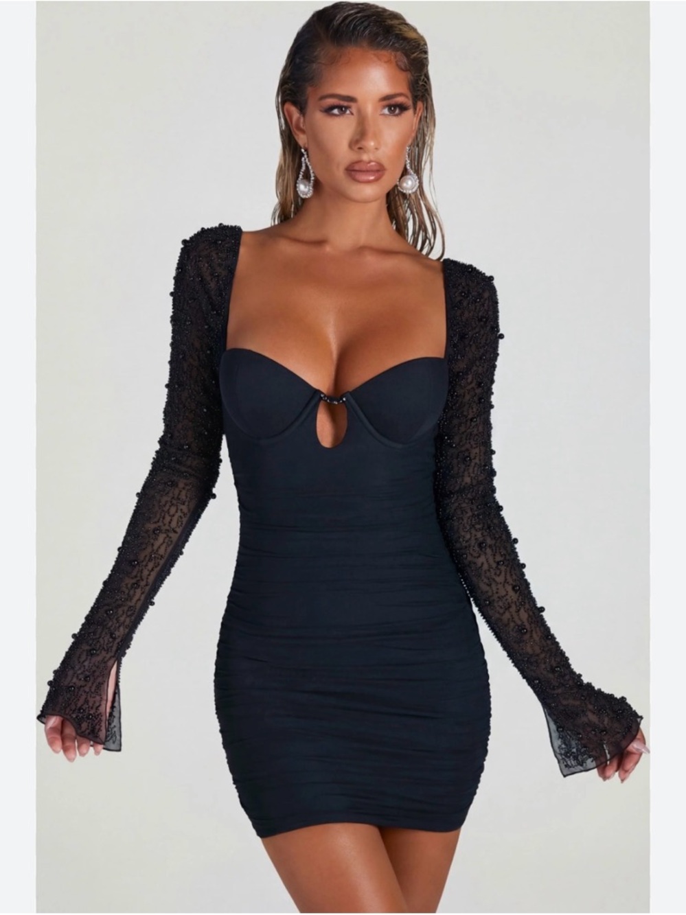 NWT Oh Polly Black Beaded Neckline Mesh Dress